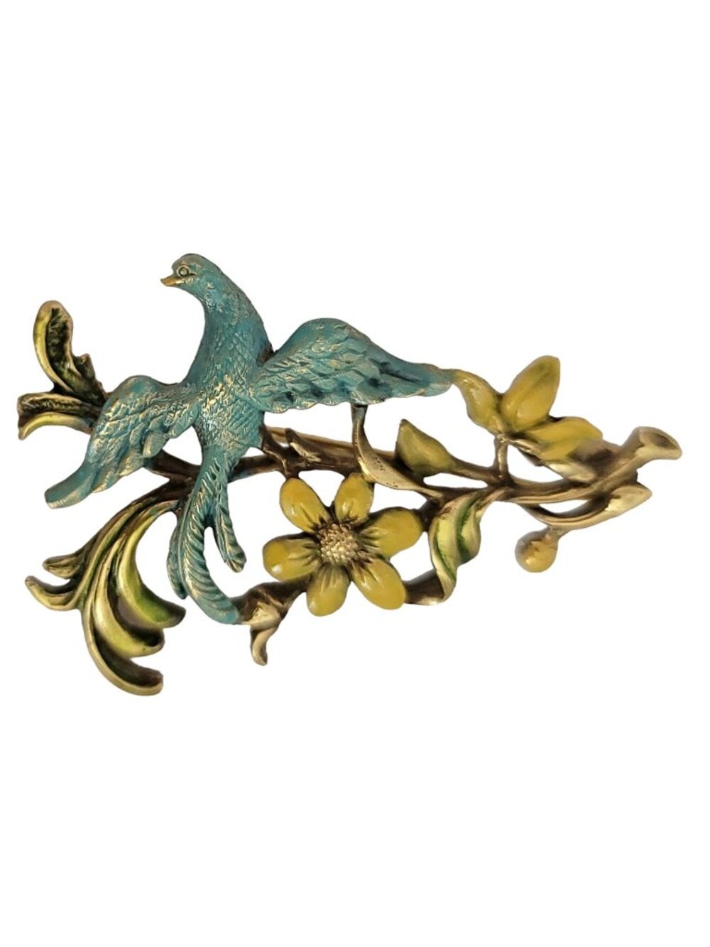 CWF Gold Tone Enamel Blue Bird Yellow Flower Brooch Pin, Signed M222